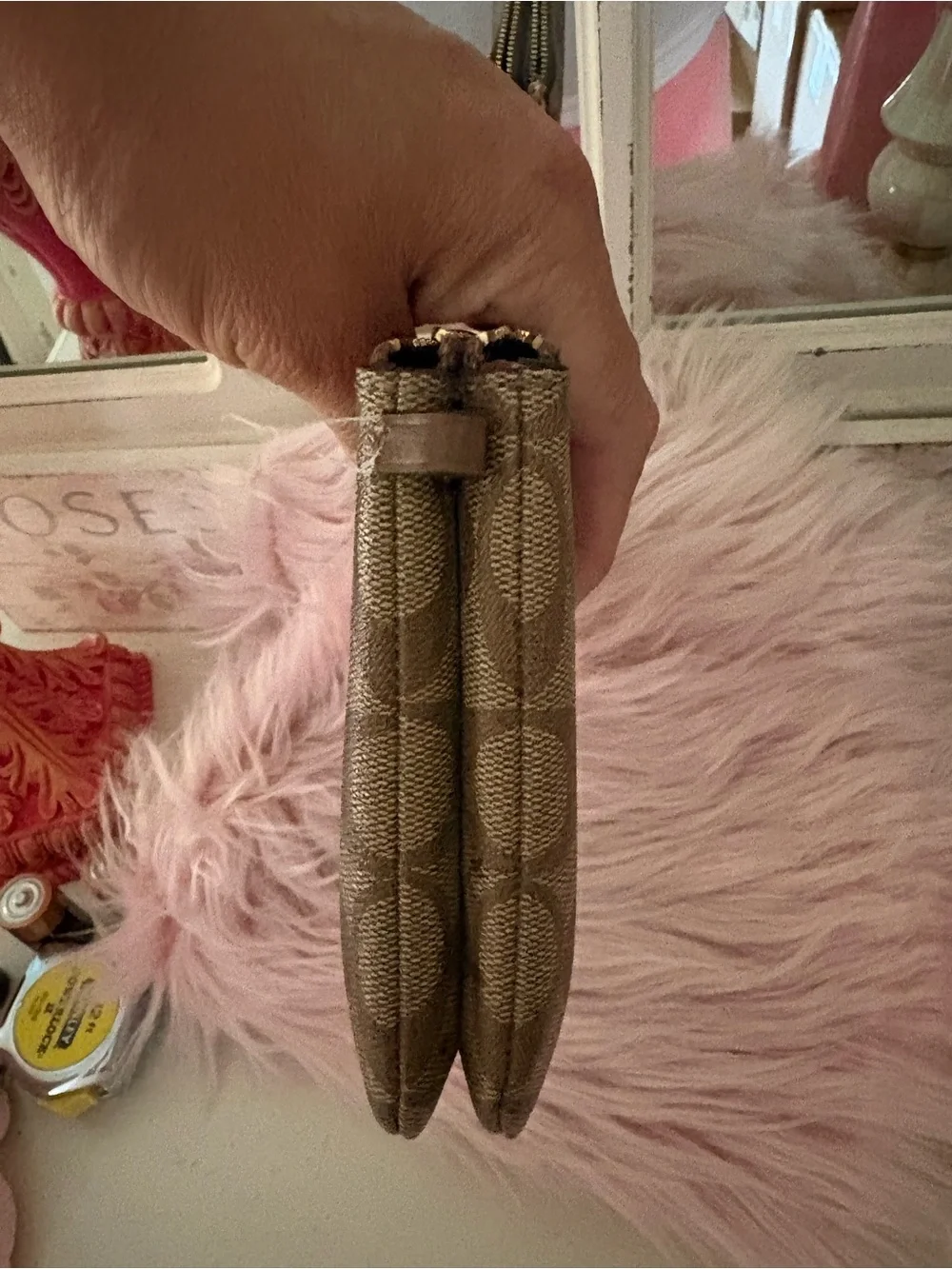 Coach Brown Signature Canvas Zip Wristlet with Gold Logo